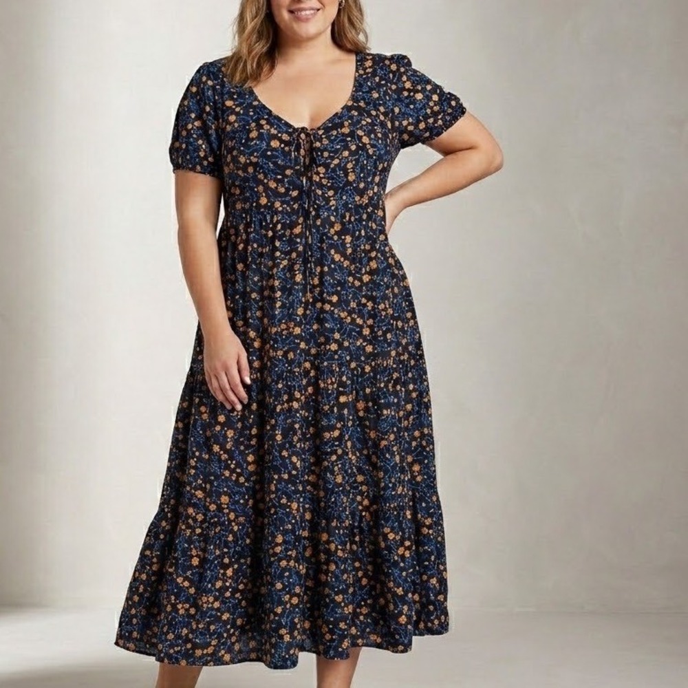 Cottagecore Navy Floral Lace Up V-Neck Tiered Maxi Dress Size 1XL Boho Prairie